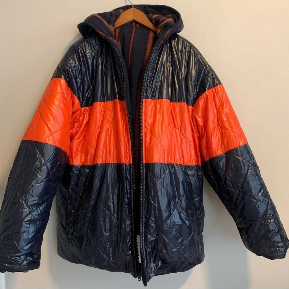 DRIES VAN NOTEN Down Reversible Puffer Jacket XL Cotton Linen Navy Stripes NWT